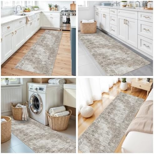 2x8 Washable Non-Slip Hallway Runner Rug – Modern Abstract Soft Carpet for Kitchen, Bedroom with Rubber Backing – Low-Pile Thin Stain-Resistant Rug for Bathroom,Laundry Room,Entryway（Beige Grey） - Image 4
