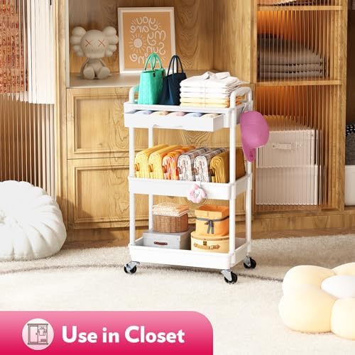 SUNALLY Makeup Cart Organizer with Drawer,3 Tier Rolling Makeup Cart, White - Image 6