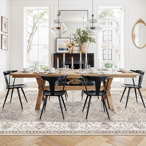 Living Room 8ft Square Area Rug: Machine Washable Large Vintage Soft Rug Stain Resistant Non Slip Floor Carpet for Bedroom Playroom Indoor Farmhouse Home Decor Mat for Office Dining Room(8x8,Beige) - Image 2