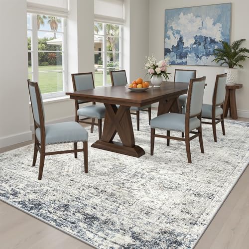Soalmost 7x9 Area Rug for Living Room Washable Rugs Non-Slip Blue/Ivory - Image 3
