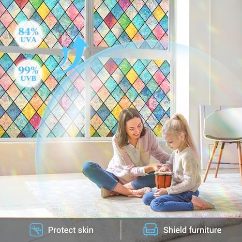 Haton Stained Glass Window Film, Rainbow Lattice Stickers, 17.5" x 157.4" - Image 6