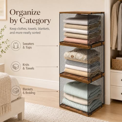 Honkazita 3-Pack Stackable Wire Closet Organizers with Wood Tops - Image 4