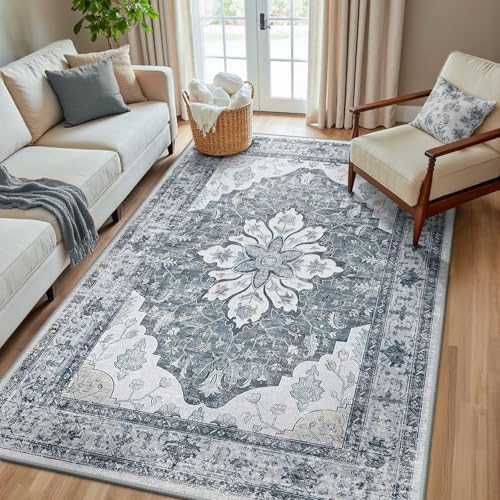 RELEANY Washable Area Rug, 5'x8', Grey/White/Beige by RELEANY
