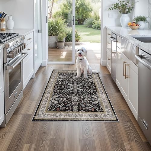 3x4 Entryway Rug Washable Non-Slip–Boho Floral Stain-Resistant Small Area Rug for Kitchen Bedroom Bathroom – Soft Low-Pile Thin Indoor Door Mat (Black,3x4) by BYYVOORugsforYourHome