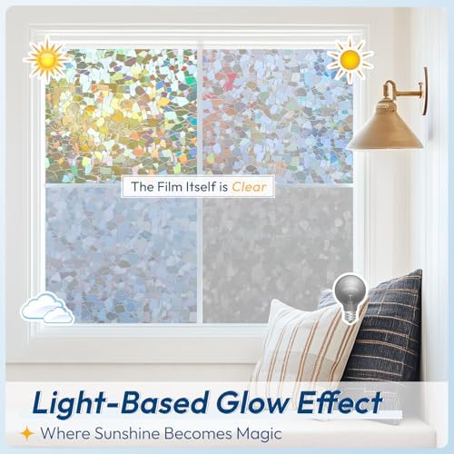 rabbitgoo Rainbow Window Privacy Film Decorative Stained Glass Diamond Pattern Window Sticker with Iridescent Tint Non-Adhesive Static Cling for Home Office Crystal Pattern, 23.6 x 78.7 inch - Image 5