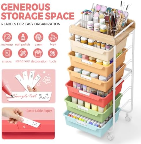 SYKIARIOL Rolling Cart with 6 Drawers,Craft Organizer and Storage,Rainbow - Image 4