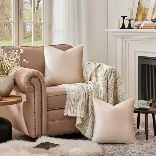 GIGIZAZA Velvet Pillow Covers 16x16 Decorative Pillows Pack of 2 Beige - Image 3