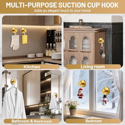 Suction Cup Hooks for Shower No-Drill Bathroom Hooks for Towels, Robes, Loofah Mountable on Bathroom Walls, Kitchen, Glass, Mirrors, Tile and Smooth,Non-Porous Surfaces (4, Brushed Gold) - Image 4