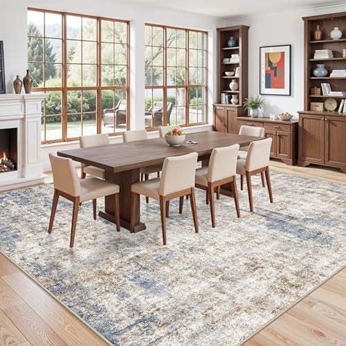 12x12ft Square Living Room Rug – Non-Slip Washable Extra Large Floor Carpet for Bedroom, Dining Room, Playroom Room – Modern Abstract Neutral Thin Low-Pile Oversized Indoor Rug (Blue Brown) - Image 5