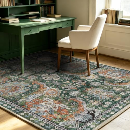 RUGSURE Washable Area Rugs - Perfect for Living Room, Bedroom, Kids Room, Nursery - Stain & Water Resistant Non-Slip, Pet & Child Friendly, Vintage Tribal Area Rugs (Green, 5' x 7') - Image 3