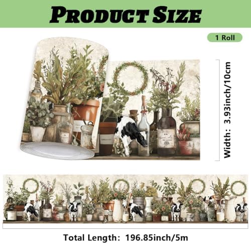 Farmhouse Wallpaper Border Wall Border Trim Peel and Stick 19.7 x 4 Inch Cattle Floral Jar Pattern PVC Decorative Molding Stickers for Bathroom Laundry Kitchen Backsplash Home Decoration - Image 2
