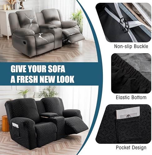 Genina Waterproof Recliner Loveseat Cover,2 Seat with Console,Black - Image 5