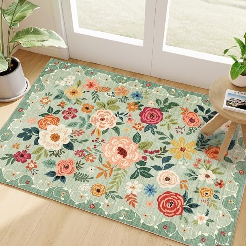 DUKINO 2x3 Rug, Floral Washable Rug for Entryway Non Slip Door Mat, Green by DUKINO