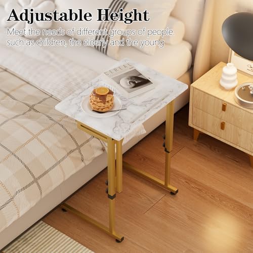 Folding tv Tray Dinner Snack Table,6 Height Adjustable Slide Under Couch Side Table, Portable Small Foldable C-Shaped End Table for Eating with Sturdy MDF Top,No Assembly(White Marble+Gold) - Image 5
