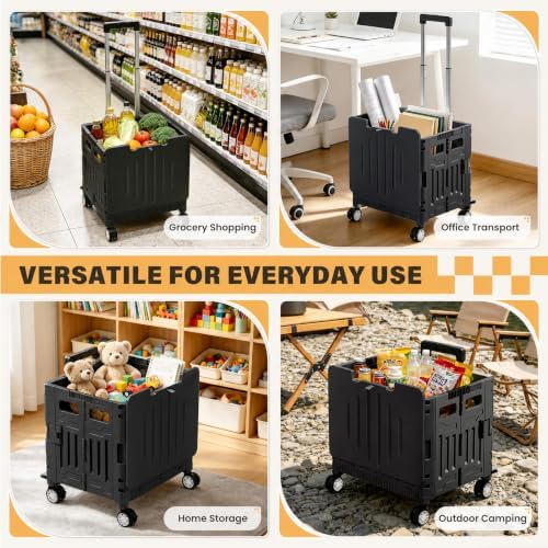 SUNALLY Folding Utility Cart Rolling Crate Handcart Shopping Trolley, Black - Image 6