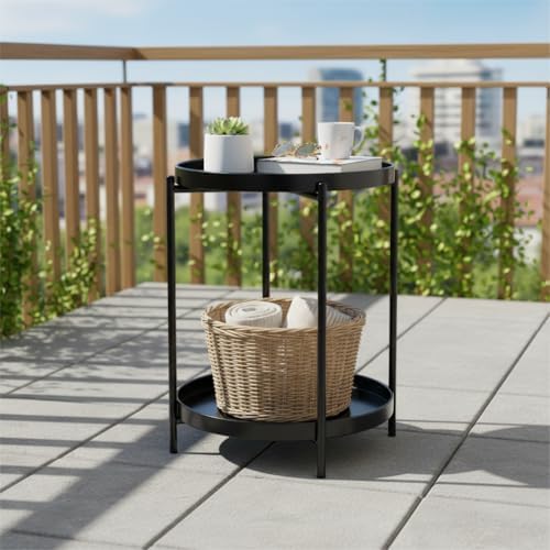 danpinera 2-Tier Round Side Table, Metal End Table with Removable Tray, Small Outdoor Table Accent Table, Anti-Rust Black Nightstand for Bedroom Balcony Patio (Black) - Image 6