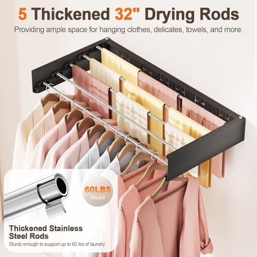 Wall Mounted Clothes Drying Rack Folding Indoor, Foldable Laundry Drying Rack Collapsible,Invisible, Space Saving, Retractable Towel Drying Rack, with Wall Template(5 Drying Rods, Black 32") - Image 5