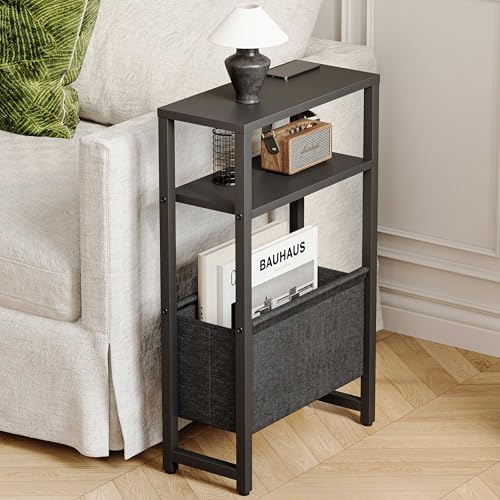 Narrow Side Table, Slim End Table with Magazine Rack, Skinny Bedside Table for Small Spaces, 3 Tier Sofa Couch Table Nightstand for Living Room, Bedroom, Black LET503B - Image 2