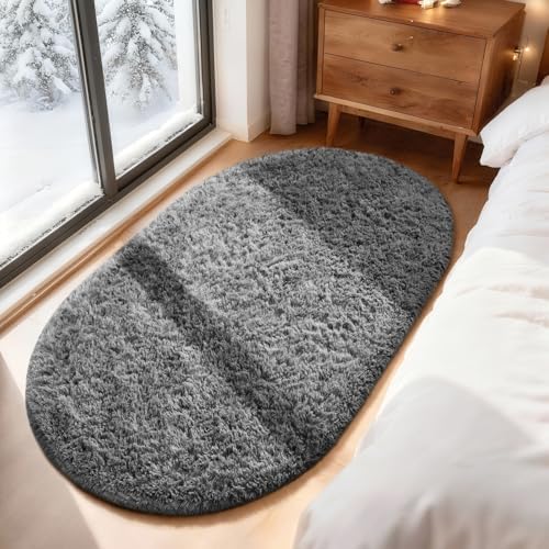 Ophanie 3x5 Oval Rug, Bedside Preppy Dorm Area Rug, College Essentials Non Slip Grey Small Carpets for Bedroom, Anti Slip Fluffy Gray Living Room Rugs Decor, Nursery with Over 99 pcs Pile fibers - Image 5