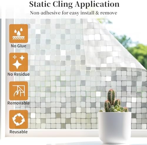 Window Privacy Film Frosted Glass Window Film Decorative, Removable Static Cling Heat Blocking Sun Blocker Front Door Window Covering for Bathroom Home Office (Mosaic, 17.5" x 78.7") - Image 3