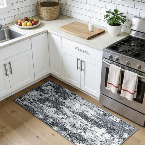 RELEANY Washable 2'x5' Abstract Area Rug for Living Room Black White - Image 2