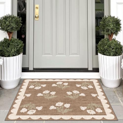 3x3 Square Entryway Rug - Non-Slip Washable Front Door Mat Indoor Outside Entrance Small Porch Rug Tan Neutral Floral Scalloped Throw Rugs for Entryway Kitchen Bedroom Office Front Porch Decor - Image 4