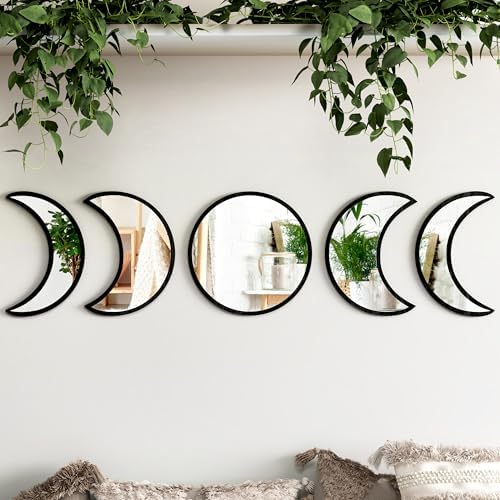 5-Piece Black Acrylic Moon Phase Wall Mirror Set - Shatterproof Safety Design, Easy Stick-On Installation, Boho Celestial Decor for Bedroom Living Room by HMANGE