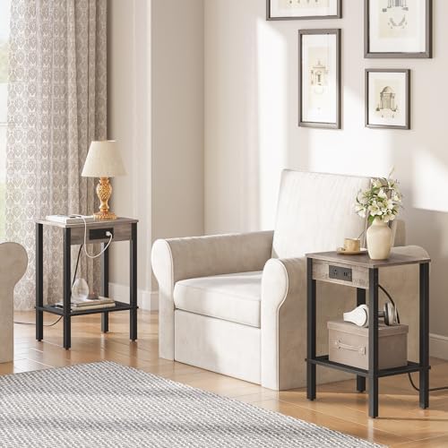 HOOBRO Side Table with Charging Station, Set of 2 End Table with USB Ports and Outlet, Nightstand with 2-Tier Storage Shelf, Faux Rattan Decoration, for Small Space, Greige and Black BG91UBZP201 - Image 2