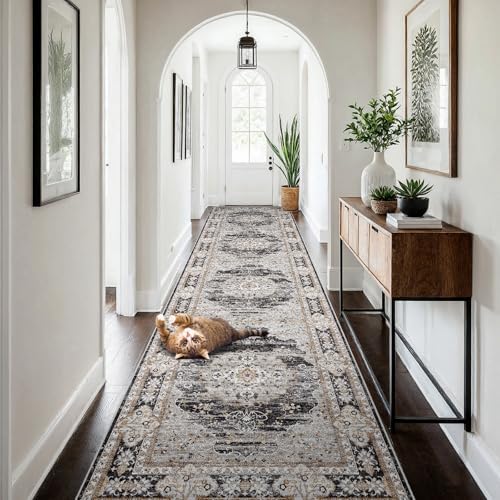 4x12 Washable Hallway Runner Rug - Non-Slip Vintage Kitchen Rugs Black Gray by Puino