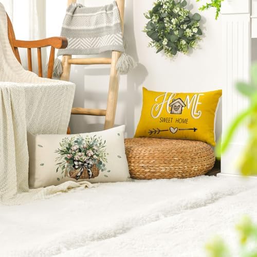 AVOIN colorlife Bless Our Home Farmhouse Eucalyptus Leaves Throw Pillow Covers, 12 x 20 Inch Yellow Truck Home Sweet Cushion Case Decorations Set of 4 - Image 5