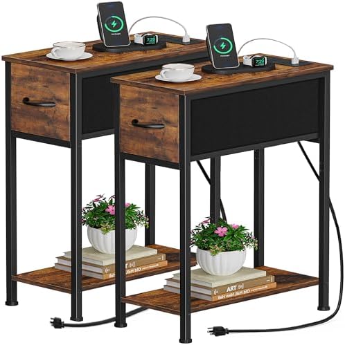 Vagusicc End Table Set of 2 with Charging Station, Narrow Side Table Nightstand with Fabric Drawer, Slim Nightstand for Bedroom, Small Bedside Table, Slim Side Table for Small Spaces, Rustic Brown by Vagusicc