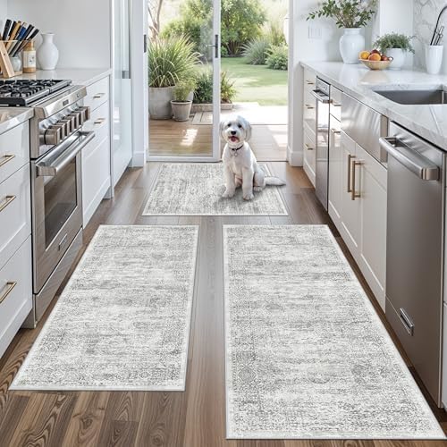 Washable Non-Slip 3 Piece Kitchen Rugs Set – Modern Boho Low-Pile Area Rugs and Runner for Entryway Bathroom Hallway – Decorative Small Indoor Rugs (Grey Ivory, 2x3+2x4+2x5) by BYYVOORugsforYourHome