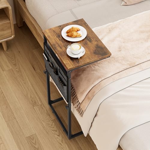 Vagusicc C Shaped End Table, Set of 2 Tall Side Table for Couch, Adjustable Height Small Couch Side Table for Small Spaces, End Table Slide Under Sofa Table TV Tray Arm Table for Living Room, Brown - Image 2