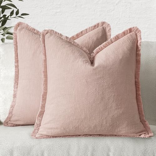 MIULEE Boho Linen Fringe Decorative Throw Pillow Covers Light Pink 18x18 by MIULEE