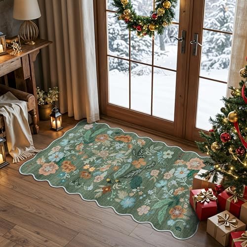 Washable Floral 2x4 Area Rug: Indoor Soft Scalloped Carpet for Entryway Kitchen Non-Slip Water Resistant Bathroom Laundry Floor Mat Low Pile Durable Nursery Door Mat Cute Home Decor(2x4 Floral/Green) by HYHAOYUNLAI
