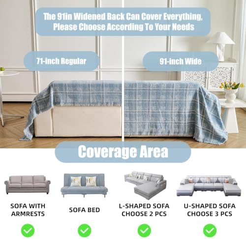 Couch Cover for Dogs Washable Sofa Cover, Sectional Couch Covers, Sofa Covers for 2 Cushion Couch, Non Slip Stripe Sofa Slipcovers Furniture Protector (Blue Checkered 91x150) - Image 3