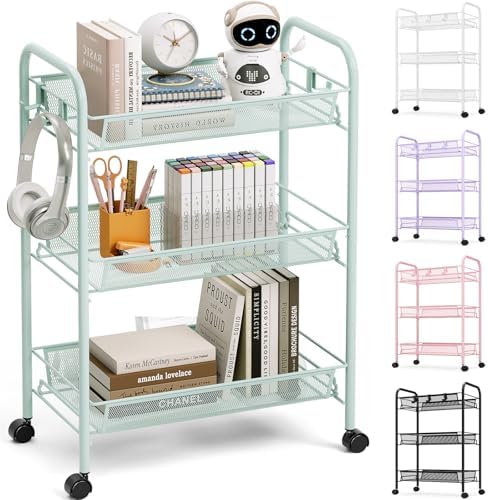 TOOLF 3 Tier Rolling Cart, Metal Utility Storage Cart with Wheels, Green | 3 Hooks, Screwless Assembly, Trolley Organizer for Bathroom, Kitchen, Office, Nursery, Dorm, Laundry Room by TOOLF