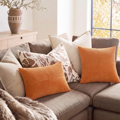 Fancy Homi 2 Packs Burnt Orange Big Decorative Throw Pillow Covers 24x24 Inch for Living Room Couch Bed, Farmhouse Boho Home Decor, Soft Corss Corduroy Patchwork Accent Square Cushion Case 60x60 cm - Image 5