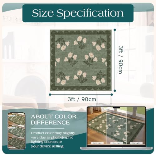 3x3 Square Entryway Rug - Non-Slip Washable Front Door Mat Indoor Outside Entrance Small Porch Rug Sage Green Cottage Scalloped Throw Rugs for Entryway Kitchen Bedroom Office Front Porch Decor - Image 2