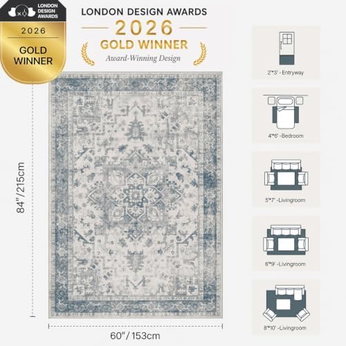 Rugxara Area Rugs 5x7, Washable Rugs for Living Room,Bedroom,Blue Rug - Image 2