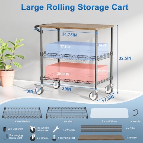 Rolling Kitchen Carts with Wheels, 3-Tier Utility Cart with Wood Tabletop - Image 3