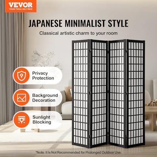 VEVOR Room Divider, 4 Panel Japanese Room Divider, Wood Folding Privacy Screen Indoor, Japanese Partition Dividers Portable Decoration Screens, for Room Separation Home Office Restaurant & Bedroom - Image 2