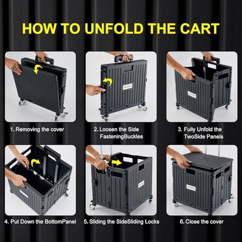 MACOPRO Folding Utility Cart Portable Rolling Crate Handcart Shopping Trolley Collapsible Tool Box, with Lid, Basket on 4 Rotate Wheels, for Grocery, Office, Luggage, Teacher (Black) - Image 5