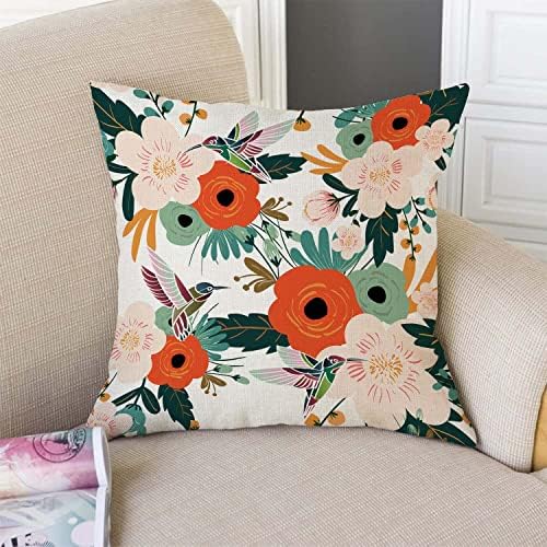 TSSOHU Flower and Hummingbird Pillow Cover Cotton Linen Spring Red Flower Green Leaves Boho Decorative Pillow Covers Cushion Cover Home Decor Pillowcase for 18x18 Inch - Image 3