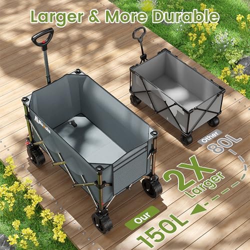 Blomoba Collapsible Wagon Cart, 150L Foldable Wagon with Wide Wheels, Grey - Image 5