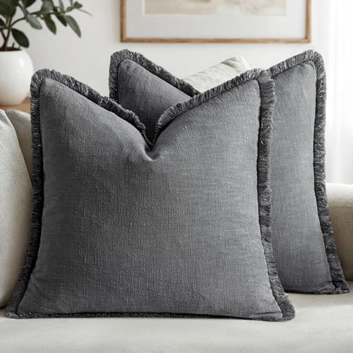 MIULEE Boho Linen Fringe Decorative Throw Pillow Covers Grey 18x18 by MIULEE