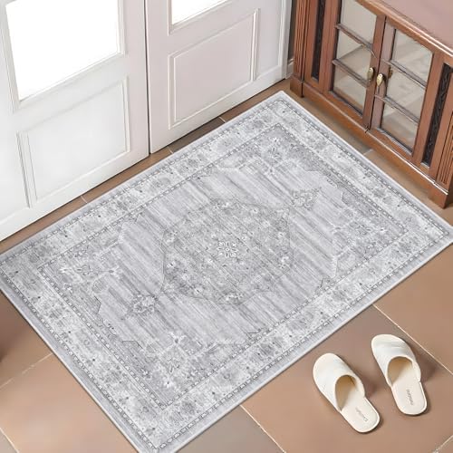 Washable Area Rugs 2x3 Entryway: Soft Ultra Thin Low Pile Mat Machine Washable Indoor Doormat Lightweight Entry Rug Anti Slip Backing Rugs for Living Room Bedroom Kitchen 2'x3' Grey - Image 2