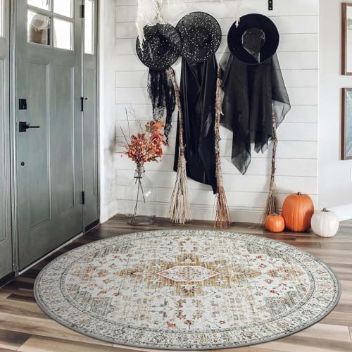 Moynesa Washable Round Rug 4ft, Vintage Medallion Area Rug Distressed Neutral Circle Rug, Soft Non Slip Low Pile Carpet for Living Room Bedroom Dining Room Nursery, Beige/Gold - Image 3
