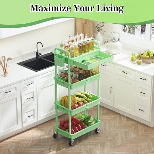 SUNALLY 4 Tier Rolling Cart with Drawer, Craft Storage Cart Organizer,Green - Image 6