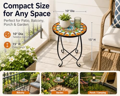 Small Mosaic Outdoor Side Table, 14-Inch Round Metal Patio Table - Image 2